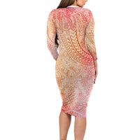 Hawaiian Turtles and Leis Long Sleeve Bodycon Dress Tribal Kakau Pattern Peach Fuzz Color LT03 - Polynesian Pride