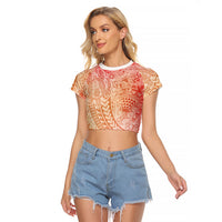 Hawaiian Turtles and Leis Raglan Cropped T Shirt Tribal Kakau Pattern Peach Fuzz Color