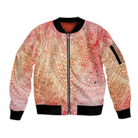 Hawaiian Turtles and Leis Sleeve Zip Bomber Jacket Tribal Kakau Pattern Peach Fuzz Color