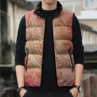 Hawaiian Turtles and Leis Sleeveless Puffer Jacket Tribal Kakau Pattern Peach Fuzz Color