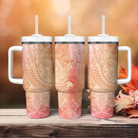 Hawaiian Turtles and Leis Tumbler With Handle Tribal Kakau Pattern Peach Fuzz Color