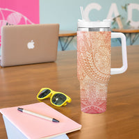 Hawaiian Turtles and Leis Tumbler With Handle Tribal Kakau Pattern Peach Fuzz Color