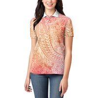 Hawaiian Turtles and Leis Women Polo Shirt Tribal Kakau Pattern Peach Fuzz Color