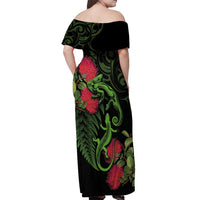 New Zealand Chameleon and Gecko Off Shoulder Maxi Dress Maori Silver Fern and Pohutukawa Decoration
