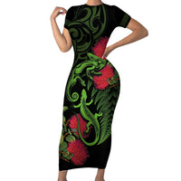 New Zealand Chameleon and Gecko Short Sleeve Bodycon Dress Maori Silver Fern and Pohutukawa Decoration
