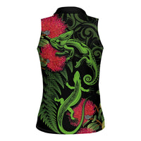 New Zealand Chameleon and Gecko Women Sleeveless Polo Shirt Maori Silver Fern and Pohutukawa Decoration