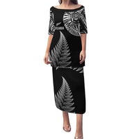Personalised New Zealand Maori Art Tattoo and Silver Fern Puletasi LT03 Long Dress Black - Polynesian Pride