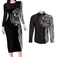 Polynesian Art Traditional Tattoo Pattern Couples Matching Long Sleeve Bodycon Dress and Long Sleeve Button Shirt LT03 Black - Polynesian Pride
