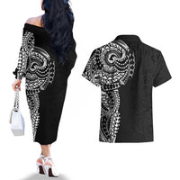 Polynesian Art Traditional Tattoo Pattern Couples Matching Off The Shoulder Long Sleeve Dress and Hawaiian Shirt LT03 - Polynesian Pride