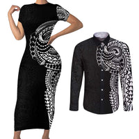 Polynesian Art Traditional Tattoo Pattern Couples Matching Short Sleeve Bodycon Dress and Long Sleeve Button Shirt LT03 Black - Polynesian Pride
