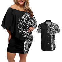 Polynesian Art Traditional Tattoo Couples Matching Off Shoulder Short Dress and Hawaiian Shirt Simple Style LT03 Black - Polynesian Pride