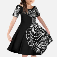 Polynesian Art Traditional Tattoo Family Matching Puletasi and Hawaiian Shirt Simple Style LT03 Daughter's Dress Black - Polynesian Pride
