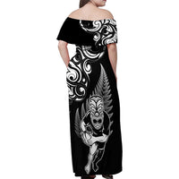 New Zealand Maori Warrior Rugby Family Matching Off Shoulder Maxi Dress and Hawaiian Shirt Silver Fern