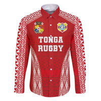 Custom Tonga Pacific Rugby 2024 Family Matching Puletasi and Hawaiian Shirt Ngatu Tribal Pattern LT03 Dad's Shirt - Long Sleeve Red - Polynesian Pride