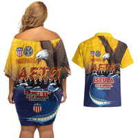 American Samoa Fautasi Couples Matching Off Shoulder Short Dress and Hawaiian Shirt Bald Eage and Sailfish with Kakau Motifs - Polynesian Pride