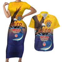 American Samoa Fautasi Couples Matching Short Sleeve Bodycon Dress and Hawaiian Shirt Bald Eage and Sailfish with Kakau Motifs - Polynesian Pride