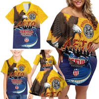 American Samoa Fautasi Family Matching Off Shoulder Short Dress and Hawaiian Shirt Bald Eage and Sailfish with Kakau Motifs - Polynesian Pride