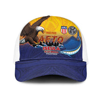 American Samoa Fautasi Mesh Trucker Cap Bald Eage and Sailfish with Kakau Motifs LT03 One Size White Yellow - Polynesian Pride