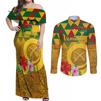 Melanesian Vanuatu Couples Matching Off Shoulder Maxi Dress and Long Sleeve Button Shirt With Tapa Tribal Pattern and Triangle Geometric Tricolor LT03 Yellow - Polynesian Pride