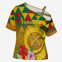 Melanesian Vanuatu Cross Shoulder Shirt With Tapa Tribal Pattern and Triangle Geometric Tricolor LT03 Female Yellow - Polynesian Pride