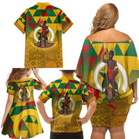 Melanesian Vanuatu Family Matching Off Shoulder Short Dress and Hawaiian Shirt With Tapa Tribal Pattern and Triangle Geometric Tricolor - Polynesian Pride