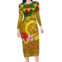 Melanesian Vanuatu Long Sleeve Bodycon Dress With Tapa Tribal Pattern and Triangle Geometric Tricolor - Polynesian Pride