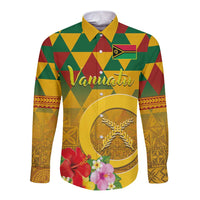 Melanesian Vanuatu Long Sleeve Button Shirt With Tapa Tribal Pattern and Triangle Geometric Tricolor LT03 Unisex Yellow - Polynesian Pride