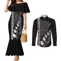 New Zealand Rugby Couples Matching Mermaid Dress and Long Sleeve Button Shirts Haka Dance Tribal God Mask Maori Pattern LT03 Black - Polynesian Pride