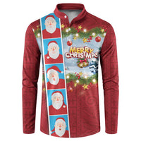 Merry Christmas Button Sweatshirt Funny Santa Claus Cards Photo and Polynesian Pattern Red Color LT03 Red - Polynesian Pride