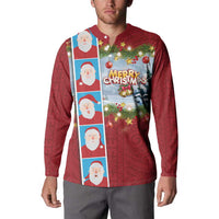 Merry Christmas Button Sweatshirt Funny Santa Claus Cards Photo and Polynesian Pattern Red Color LT03 - Polynesian Pride