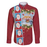 Merry Christmas Family Matching Long Sleeve Bodycon Dress and Hawaiian Shirt Funny Santa Claus Cards Photo and Polynesian Pattern Red Color