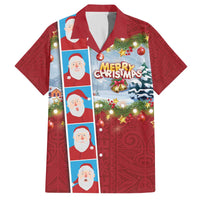 Merry Christmas Family Matching Off The Shoulder Long Sleeve Dress and Hawaiian Shirt Funny Santa Claus Cards Photo and Polynesian Pattern Red Color