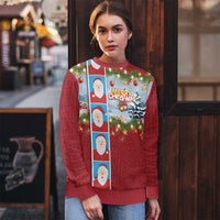 Merry Christmas Ugly Christmas Sweater Funny Santa Claus Cards Photo and Polynesian Pattern Red Color