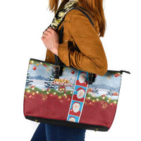 Merry Christmas Leather Tote Bag Funny Santa Claus Cards Photo and Polynesian Pattern Red Color LT03 Red - Polynesian Pride