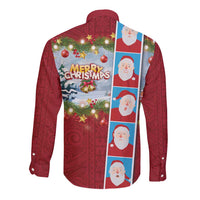 Merry Christmas Long Sleeve Button Shirt Funny Santa Claus Cards Photo and Polynesian Pattern Red Color