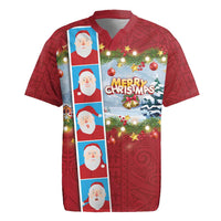 Merry Christmas Rugby Jersey Funny Santa Claus Cards Photo and Polynesian Pattern Red Color LT03 Red - Polynesian Pride