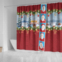 Merry Christmas Shower Curtain Funny Santa Claus Cards Photo and Polynesian Pattern Red Color