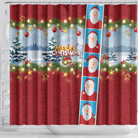 Merry Christmas Shower Curtain Funny Santa Claus Cards Photo and Polynesian Pattern Red Color