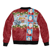 Merry Christmas Sleeve Zip Bomber Jacket Funny Santa Claus Cards Photo and Polynesian Pattern Red Color