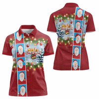 Merry Christmas Women Polo Shirt Funny Santa Claus Cards Photo and Polynesian Pattern Red Color