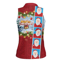 Merry Christmas Women Sleeveless Polo Shirt Funny Santa Claus Cards Photo and Polynesian Pattern Red Color