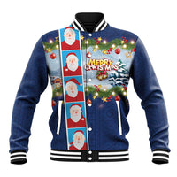 Merry Christmas Baseball Jacket Funny Santa Claus Cards Photo and Polynesian Pattern Blue Color LT03 Unisex Blue - Polynesian Pride