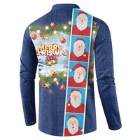 Merry Christmas Button Sweatshirt Funny Santa Claus Cards Photo and Polynesian Pattern Blue Color