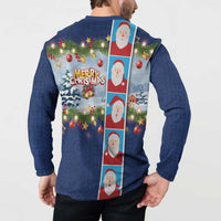 Merry Christmas Button Sweatshirt Funny Santa Claus Cards Photo and Polynesian Pattern Blue Color