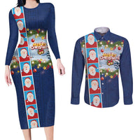 Merry Christmas Couples Matching Long Sleeve Bodycon Dress and Long Sleeve Button Shirt Funny Santa Claus Cards Photo and Polynesian Pattern Blue Color
