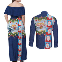 Merry Christmas Couples Matching Off Shoulder Maxi Dress and Long Sleeve Button Shirt Funny Santa Claus Cards Photo and Polynesian Pattern Blue Color