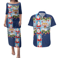 Merry Christmas Couples Matching Puletasi and Hawaiian Shirt Funny Santa Claus Cards Photo and Polynesian Pattern Blue Color