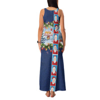 Merry Christmas Family Matching Tank Maxi Dress and Hawaiian Shirt Funny Santa Claus Cards Photo and Polynesian Pattern Blue Color