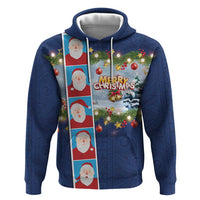 Merry Christmas Hoodie Funny Santa Claus Cards Photo and Polynesian Pattern Blue Color