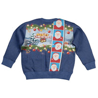 Merry Christmas Kid Ugly Christmas Sweater Funny Santa Claus Cards Photo and Polynesian Pattern Blue Color